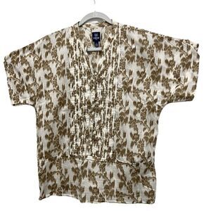 IZOD brown and creamy V-neck pleated front square buttons tunic size M